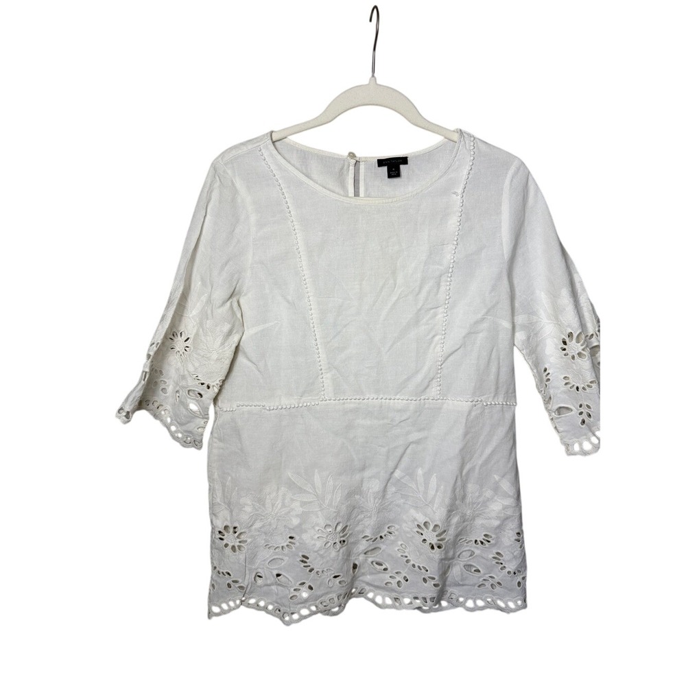 Ann Taylor White Eyelet Linen Blend Blouse 3/4 Sleeve Floral Cutout Top Medium